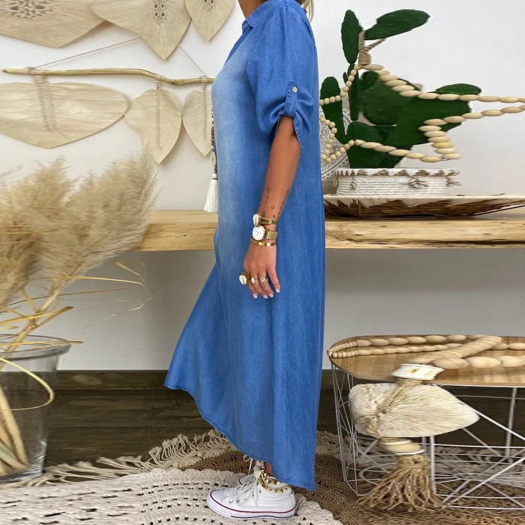 Helena - Vestido longo estilo jeans