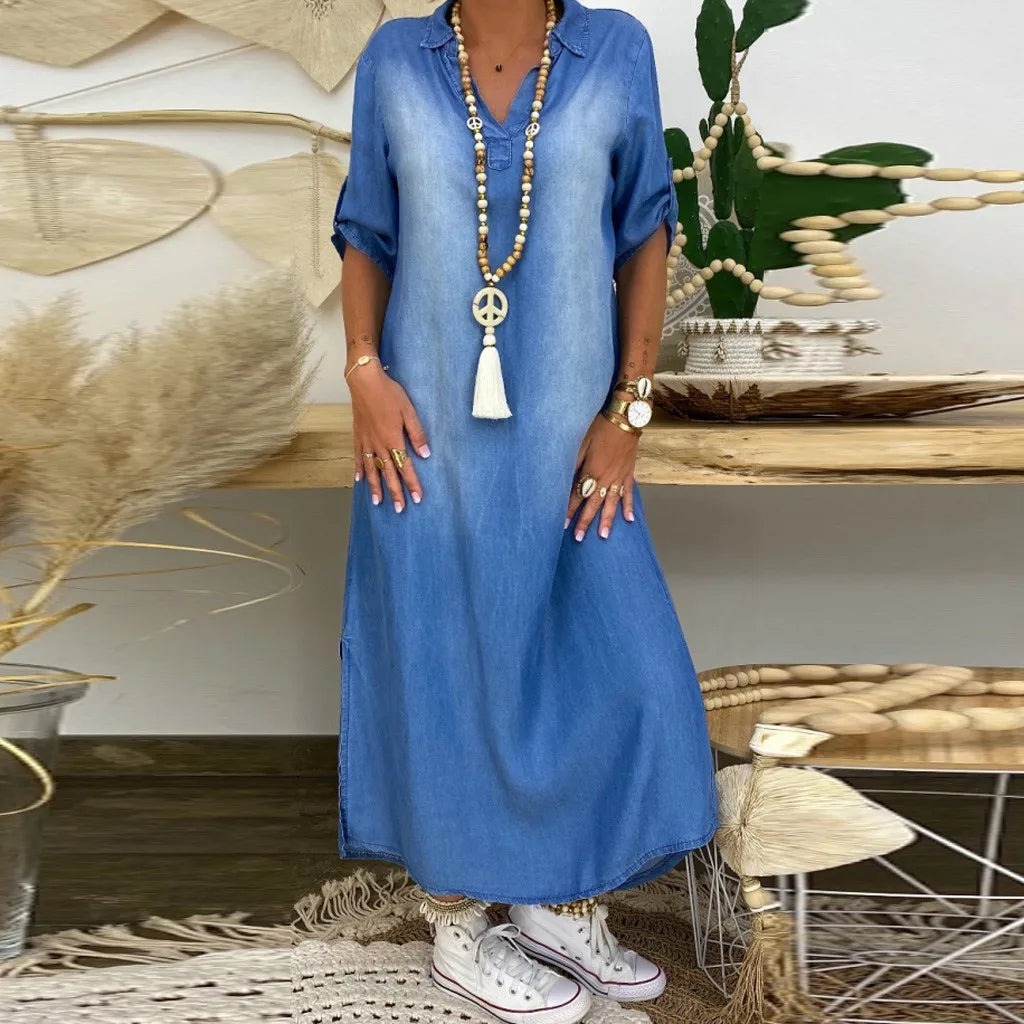 Helena - Vestido longo estilo jeans