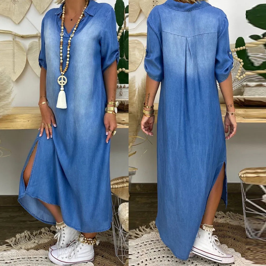 Helena - Vestido longo estilo jeans