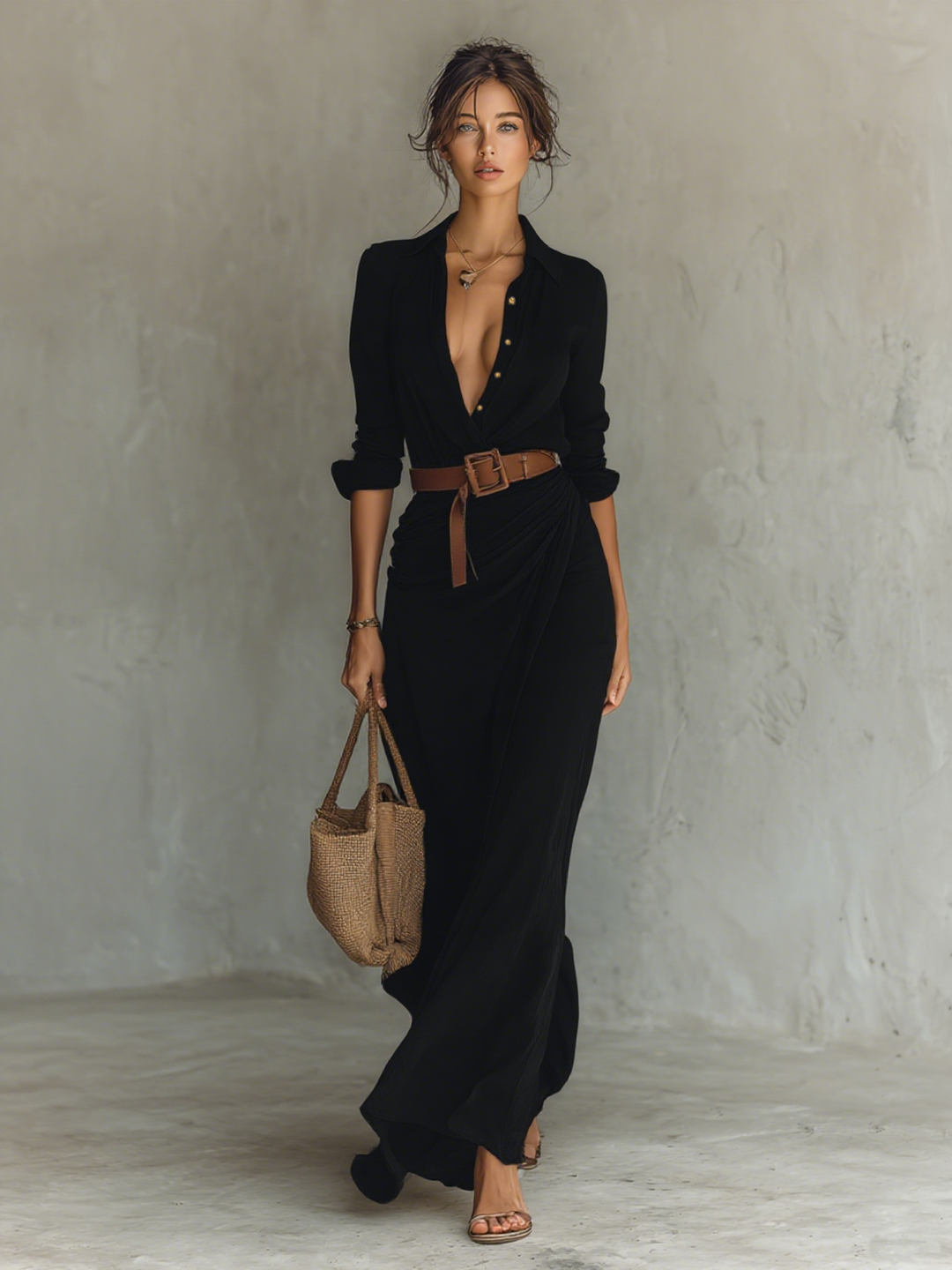 Maria - Vestido longo com gola de lapela e cinto inclusos