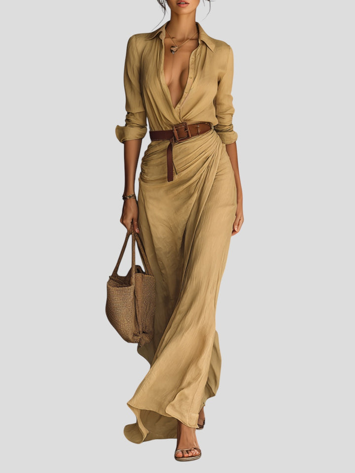 Maria - Vestido longo com gola de lapela e cinto inclusos