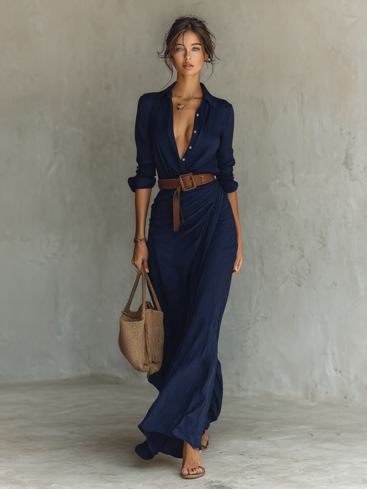 Maria - Vestido longo com gola de lapela e cinto inclusos