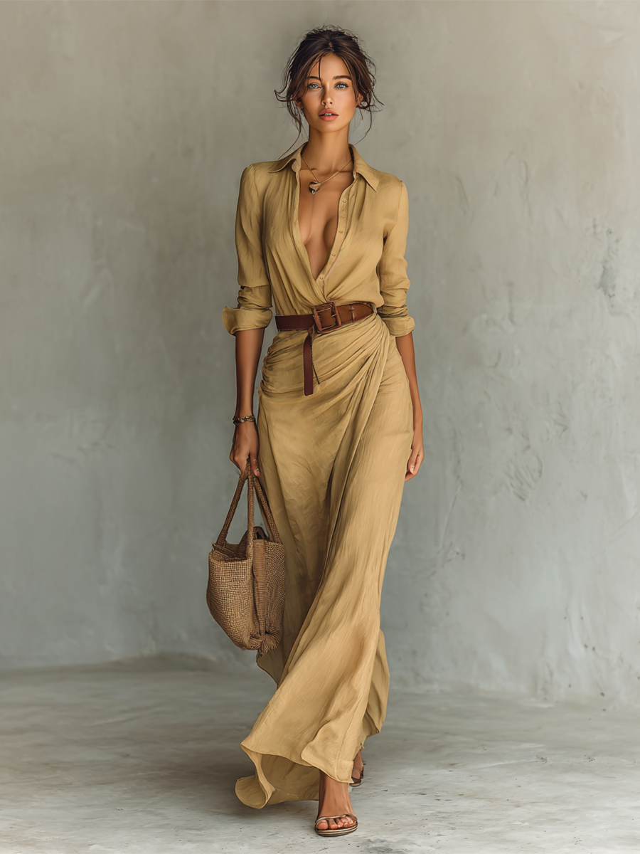 Maria - Vestido longo com gola de lapela e cinto inclusos