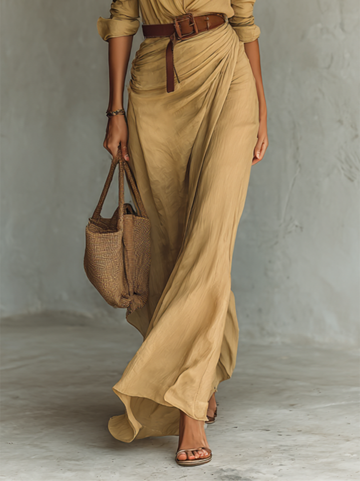 Maria - Vestido longo com gola de lapela e cinto inclusos