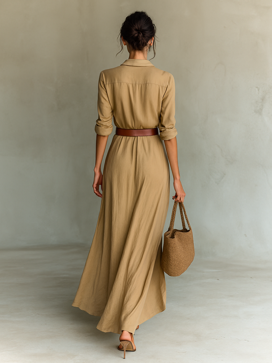 Maria - Vestido longo com gola de lapela e cinto inclusos